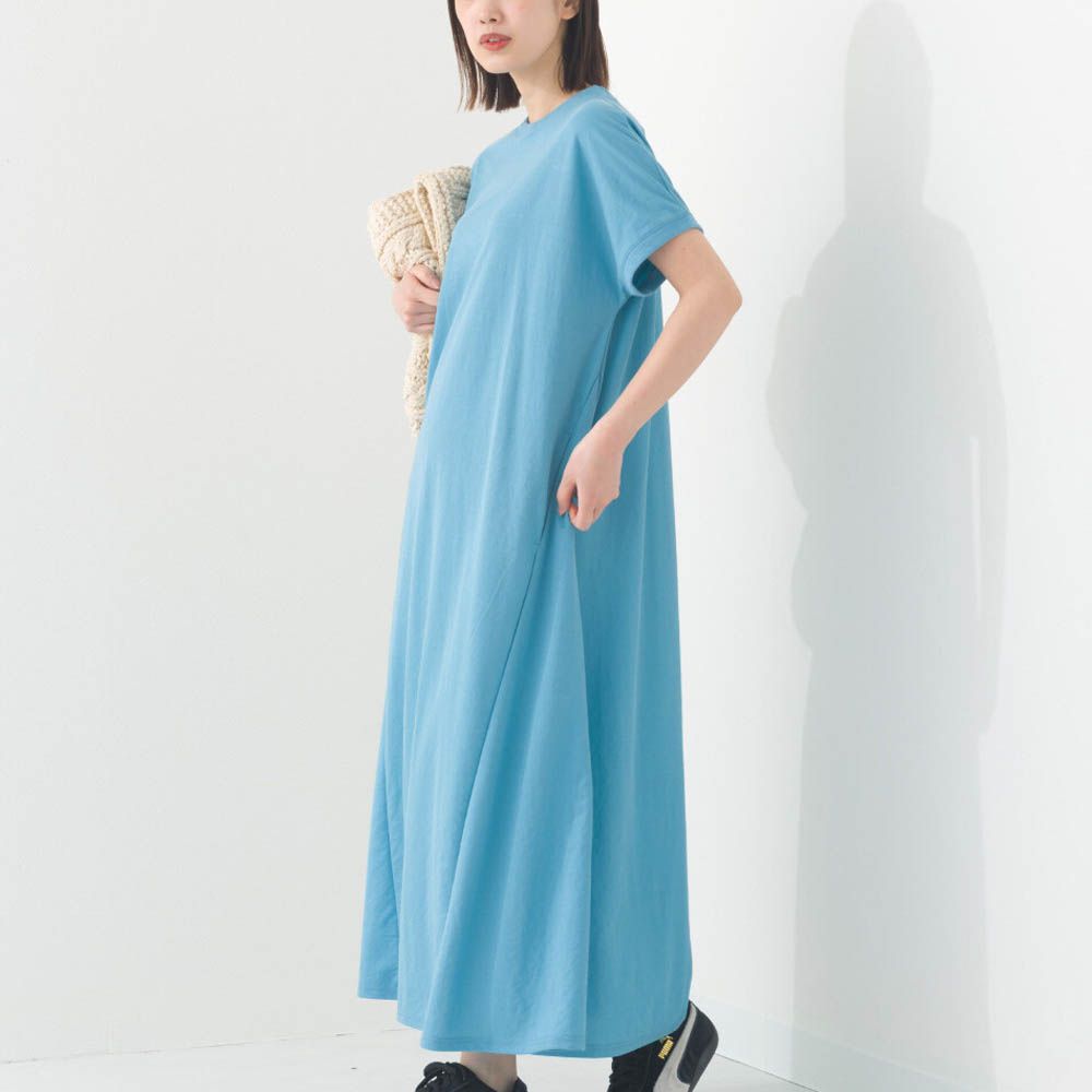 接觸涼感 嫘縈圓領傘狀短袖洋裝-天空藍