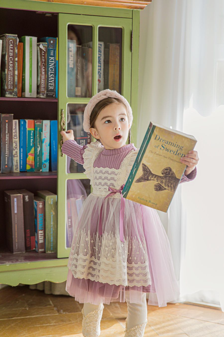 韓國 mari an u - (裏起毛)假蕾絲圍裙立體領網紗洋裝-薰衣紫