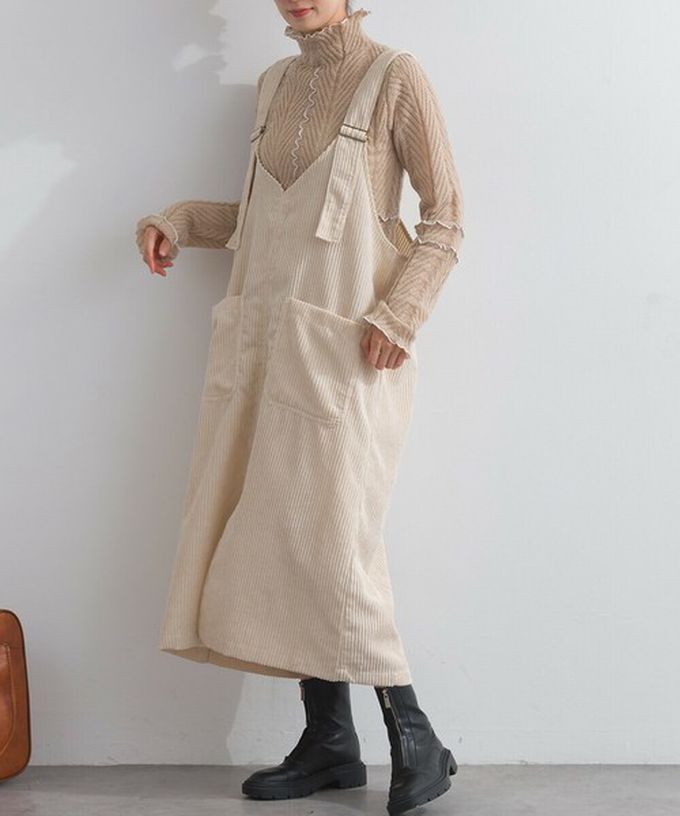 日本 Lupilien - 可愛厚實燈芯絨開叉吊帶裙-軍綠