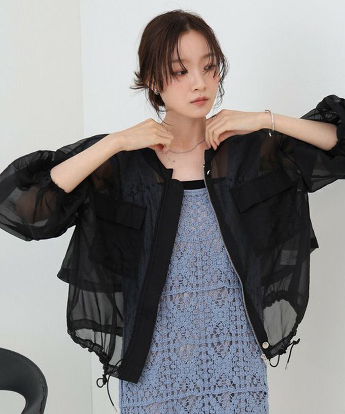 日本 Bab - 優美透膚精緻感抽繩薄外套-粉紅