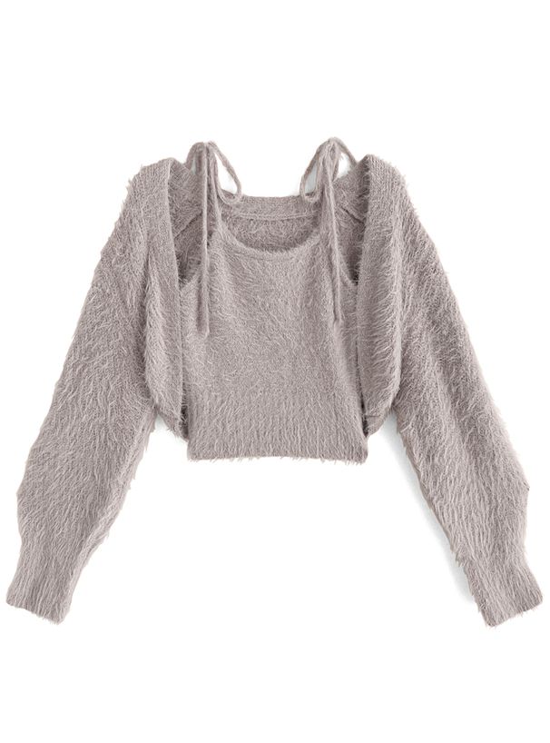 日本 GRL - 時尚毛絨綁帶背心x針織小外套兩件組-時尚黑 (F)