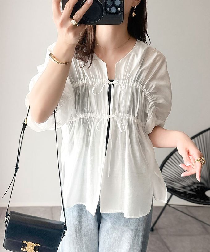 日本 Classical Elf - 前後2way皺折綁帶輕透罩衫上衣-淺綠