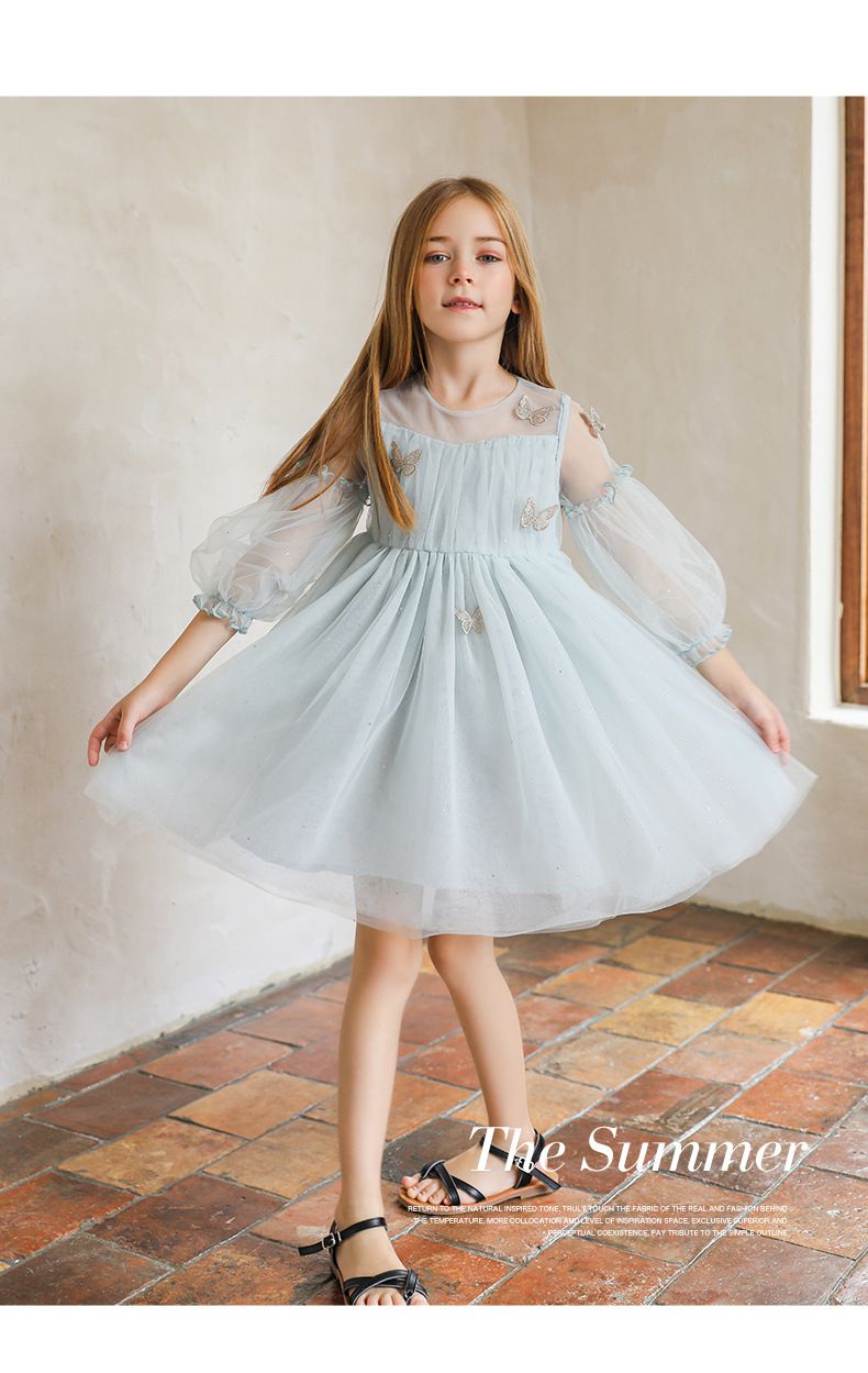 Little Deeyoo - 小仙女七分袖網紗連身洋裝-立體蝴蝶-藍色