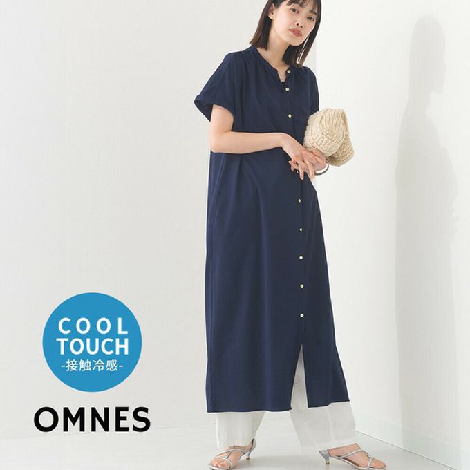 日本 OMNES - 接觸涼感 氣質金釦襯衫式短袖洋裝-白