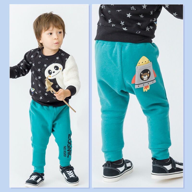 日本 ZOOLAND - 裏起毛印花束口長褲-小熊火箭-綠