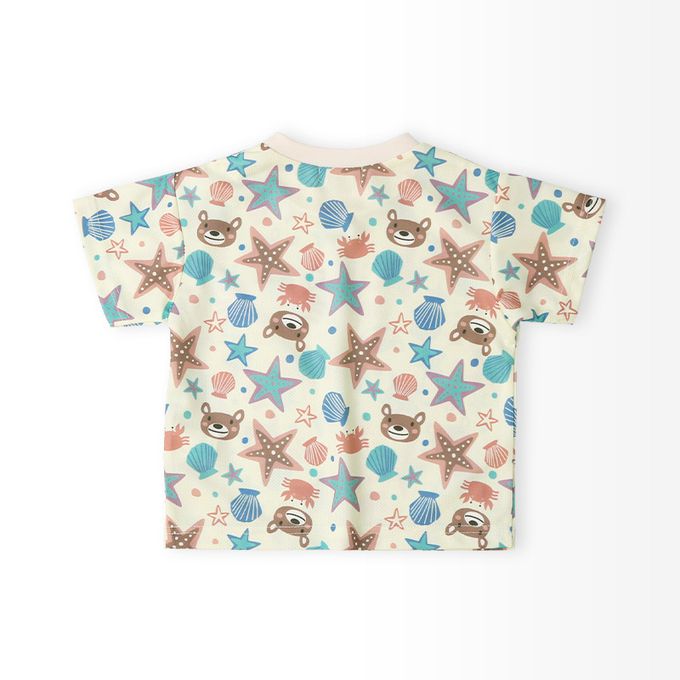 日本 ZOOLAND - 海洋印花網眼短袖上衣-滿版貝殼-淺灰