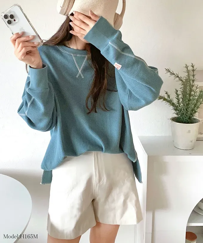 日本 Classical Elf - Java 華夫格車線薄長袖上衣-淺灰