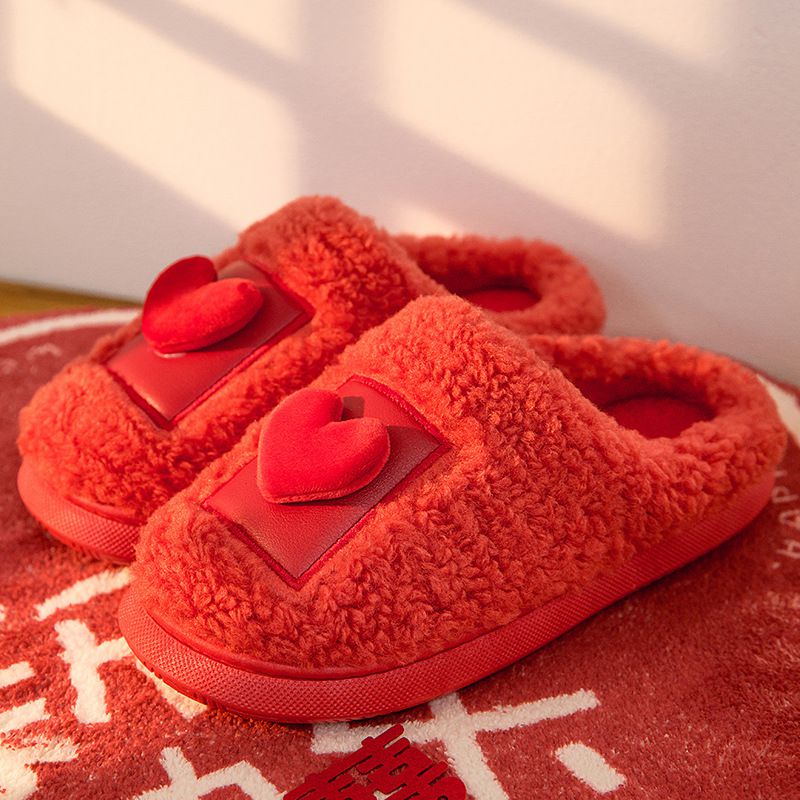 毛毛保暖室內拖鞋-立體愛心-粉色