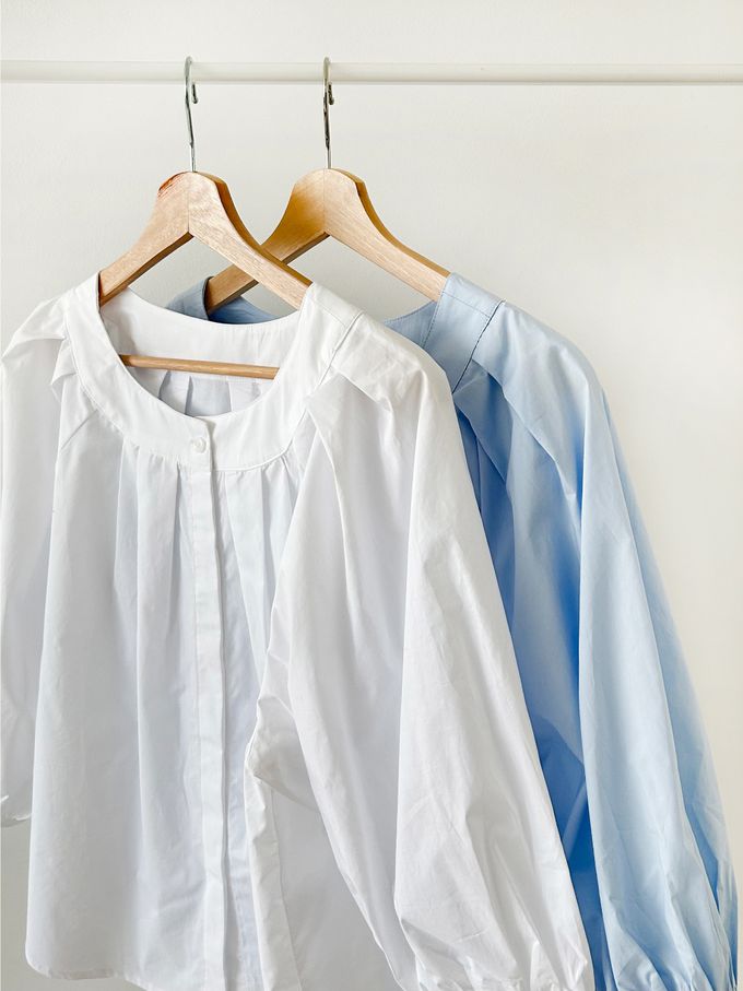 韓國女裝連線 - 氣質抓褶圓領七分袖襯衫-白 (FREE)