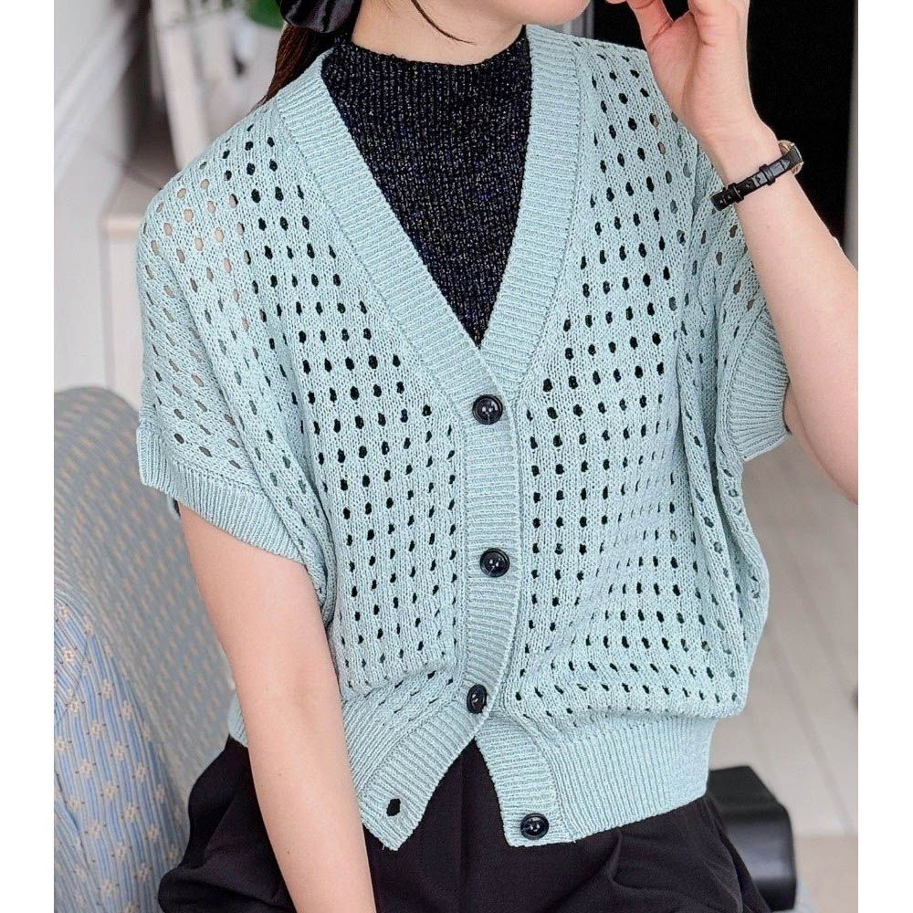 韓製 夏日棉麻洞洞V領短袖針織外套-淺藍綠 (FREE)