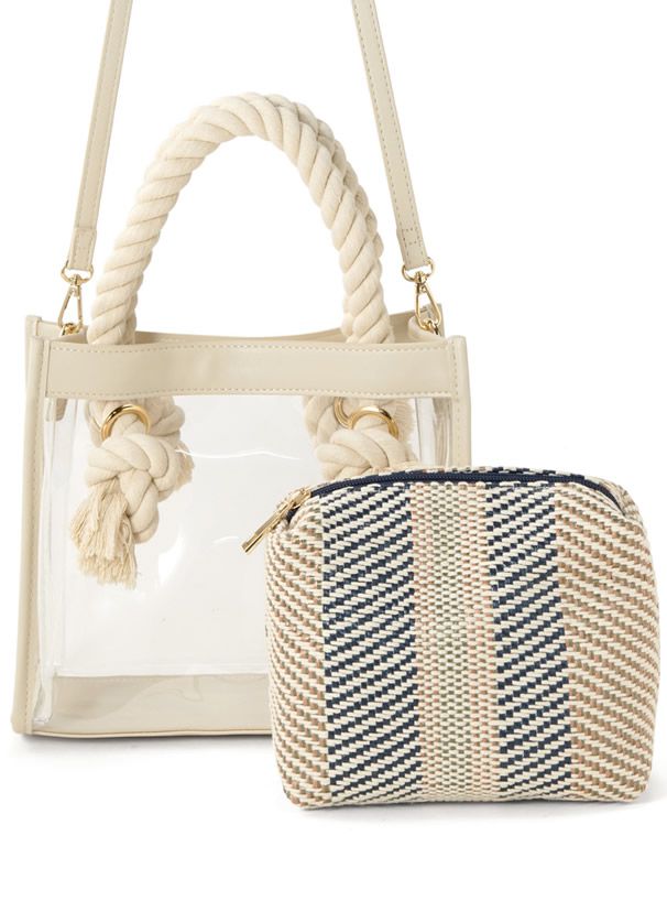 日本 GRL - 編織麻繩造型透明手提袋X編織收納包兩件組-黑