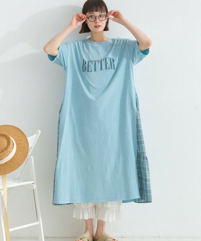 日本 Lupilien - 復古寬鬆格紋拼接短袖洋裝-BETTER-炭黑