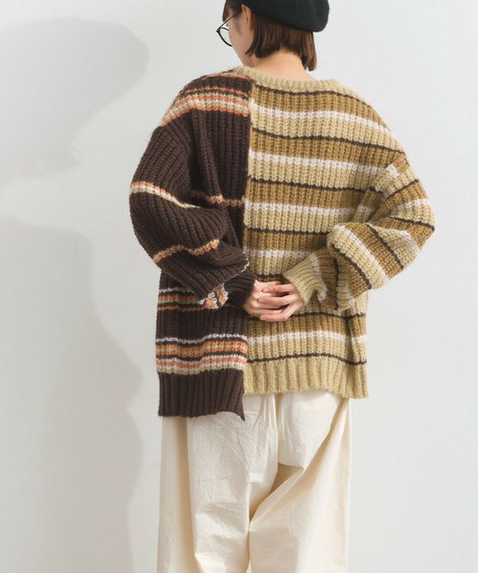 日本 Lupilien - 交錯明亮撞色條紋粗編毛衣-棕色系