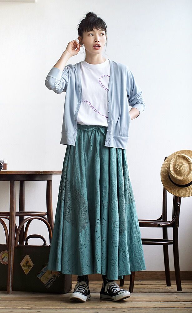 日本 zootie - 特色鏤空蕾絲拼接傘狀長裙-橘