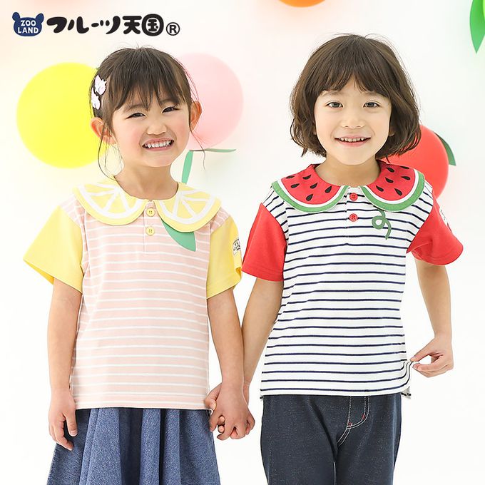 日本 ZOOLAND - 水果造型領天竺棉短袖上衣-西瓜條紋-黑x白