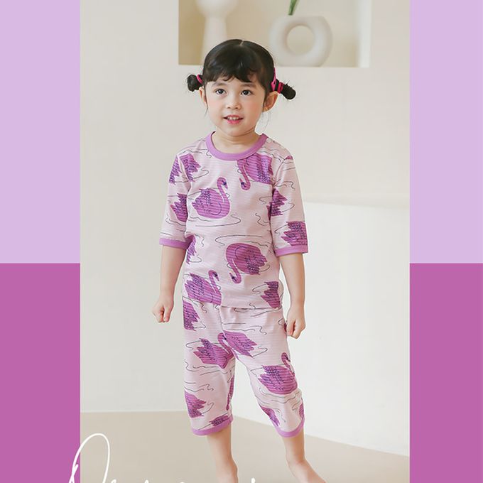 正韓 Puco - 超優質嬰幼兒/兒童七分袖100% 有機純棉家居服/睡衣-優雅天鵝