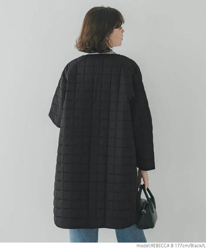 日本 COCA - 格紋絎縫無領長版鋪棉外套-黑