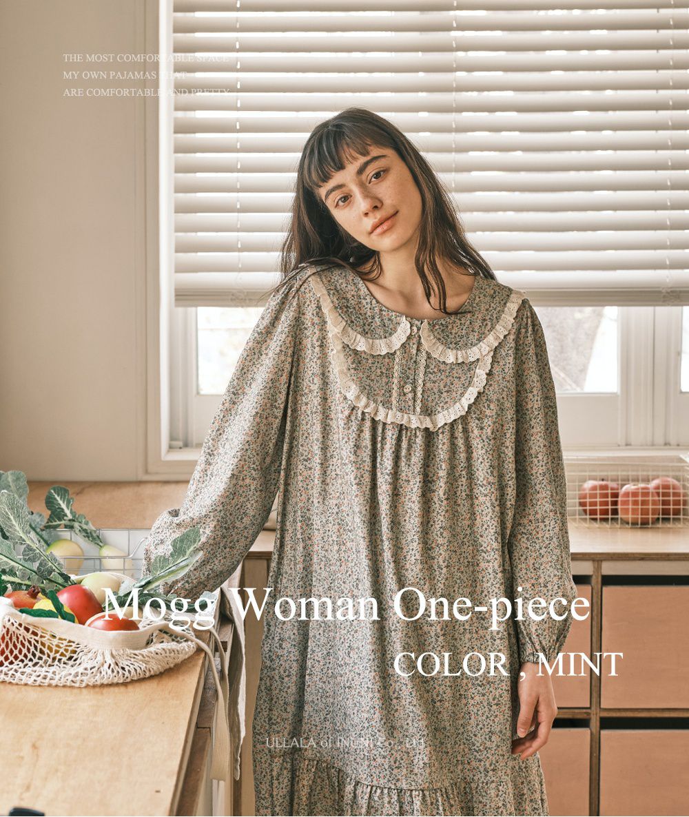 韓國 ULLALA - 浪漫碎花純棉長袖睡衣-(洋裝式)-薄荷綠 (FREE)