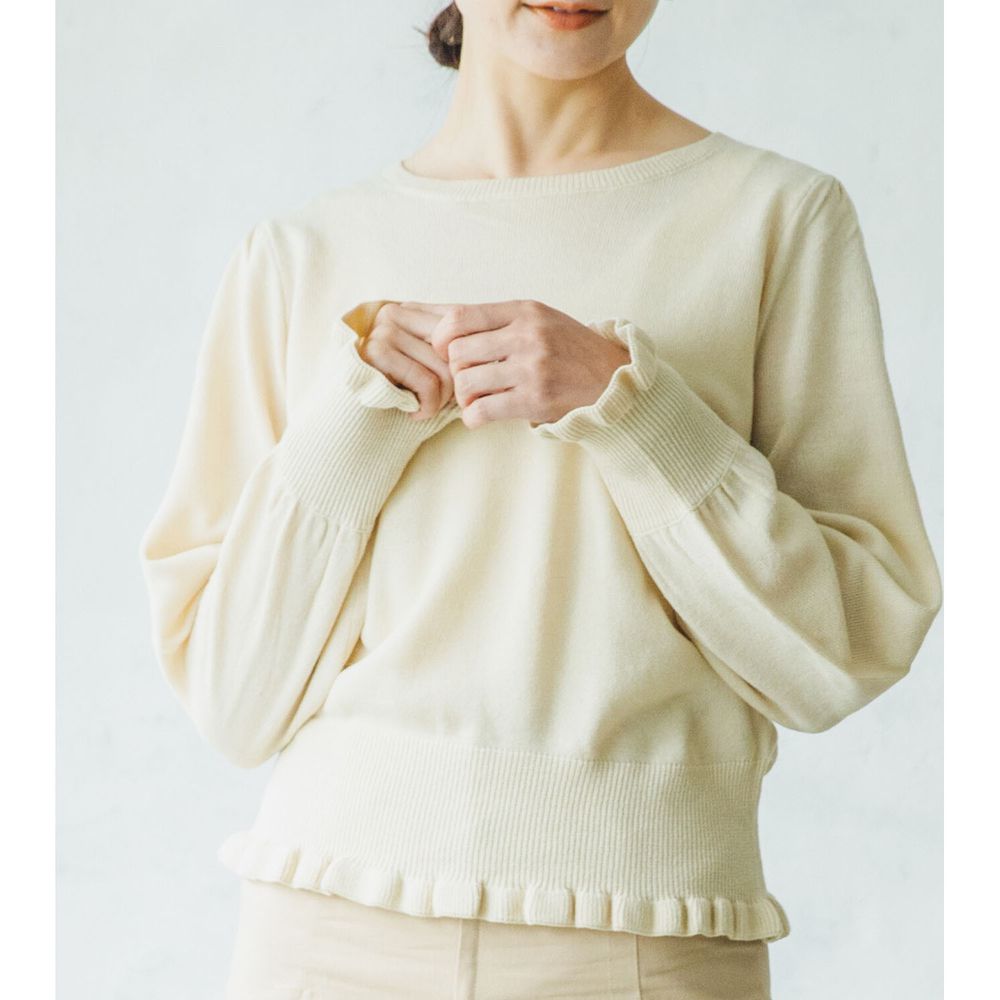 日本 PAIRMANON - 小荷葉造型袖口/衣襬薄針織上衣(媽媽)-米 (FREE)