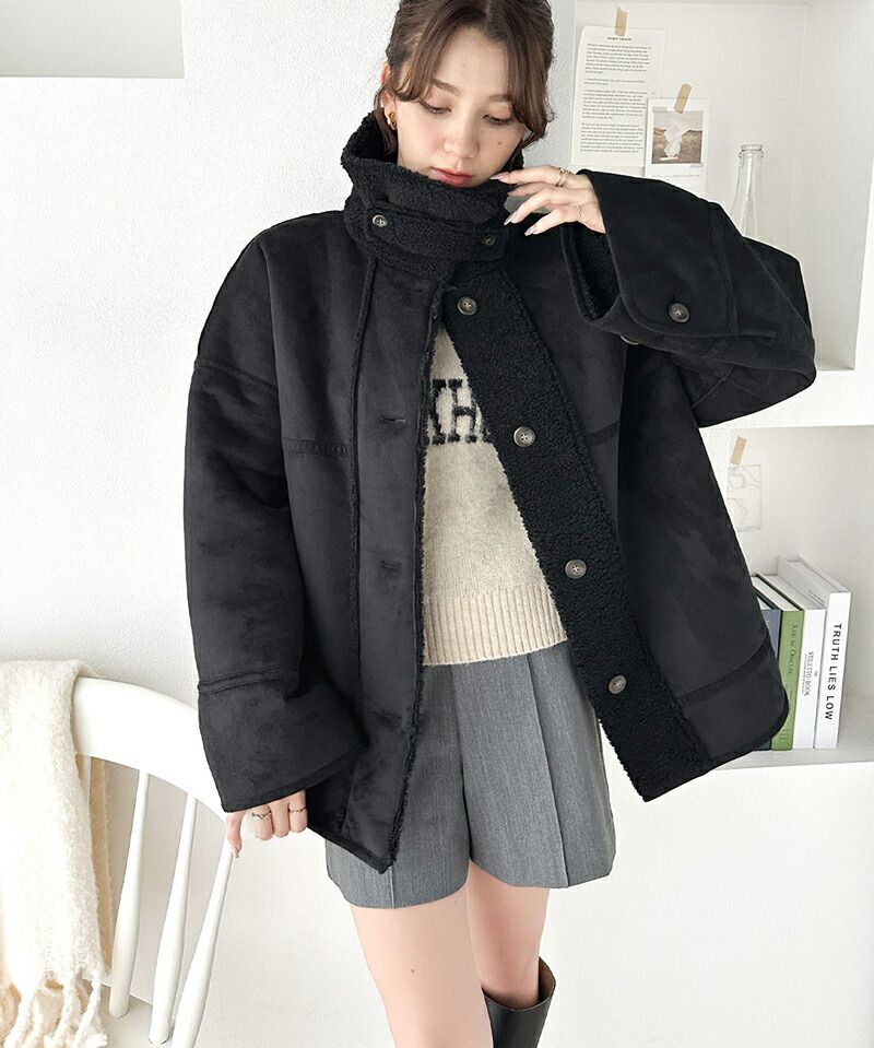 日本 Classical Elf - 麂皮絨毛雙面穿立領保暖外套-摩卡