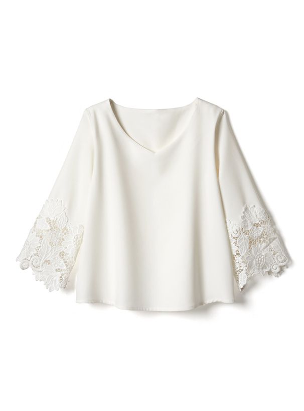 日本 GRL - V領花朵蕾絲拼接長袖上衣-灰藍