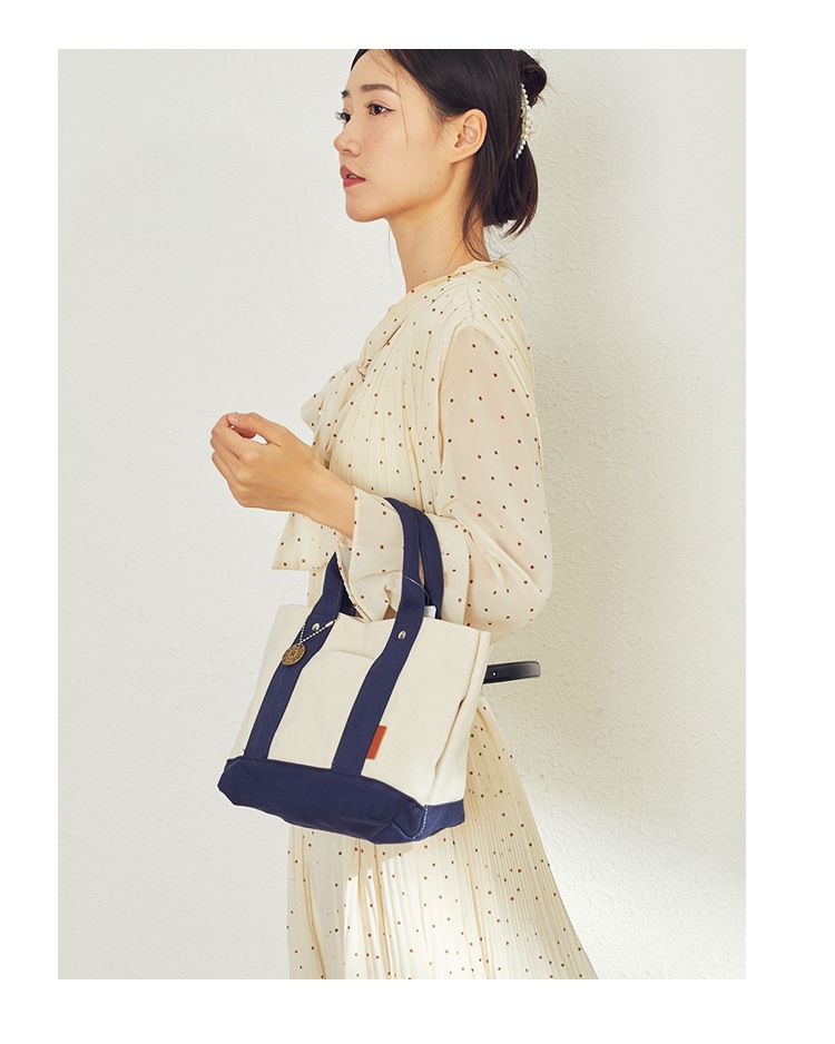 加厚大容量帆布手提包/便當袋-夾層可拆-白+深藍 (20.5x15x21.5cm)