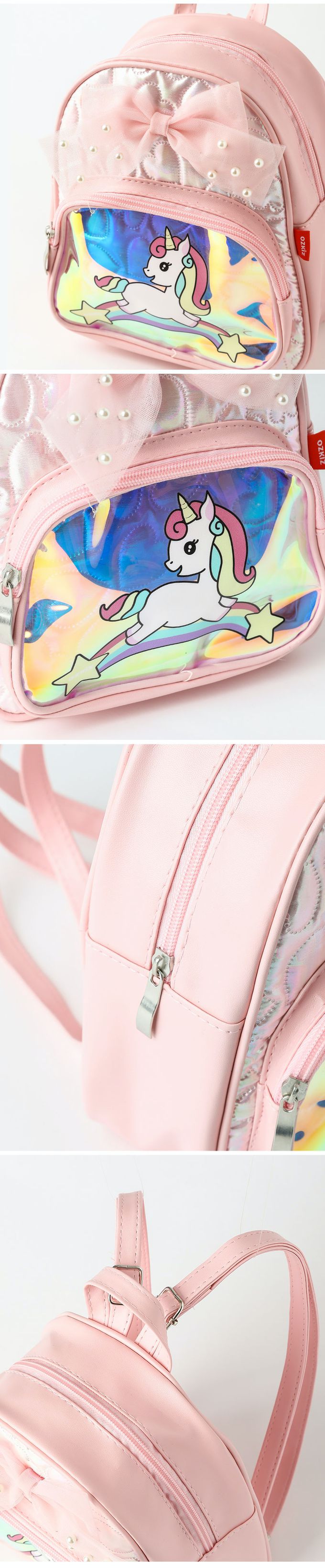 韓國 OZKIZ - 彩虹獨角獸珍珠蝶結後背包-桃紅 (FREE)