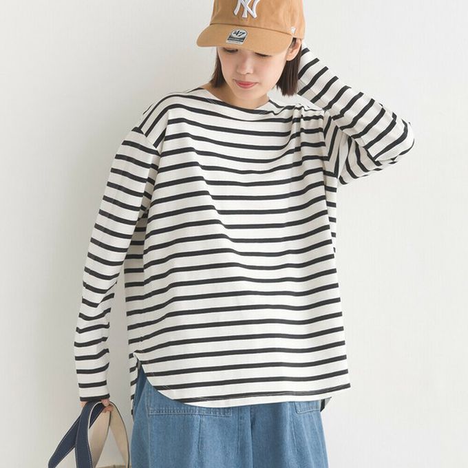 日本 OMNES - 純棉厚磅定番條紋長袖上衣-海軍藍x粉米