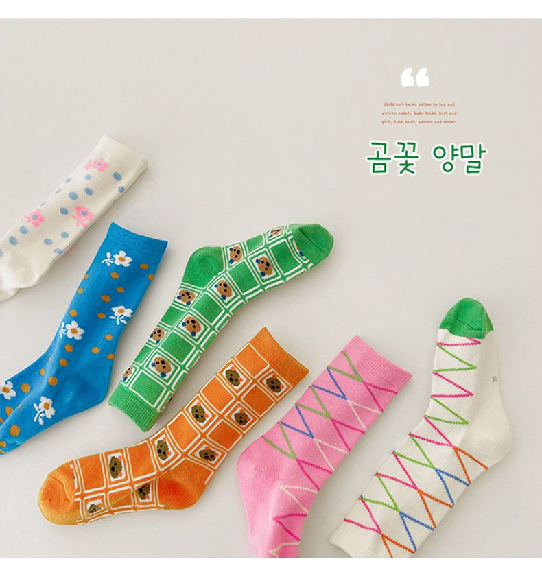 兒童中筒襪 (三入一組)-1084小熊碎花-B款-白粉綠各1