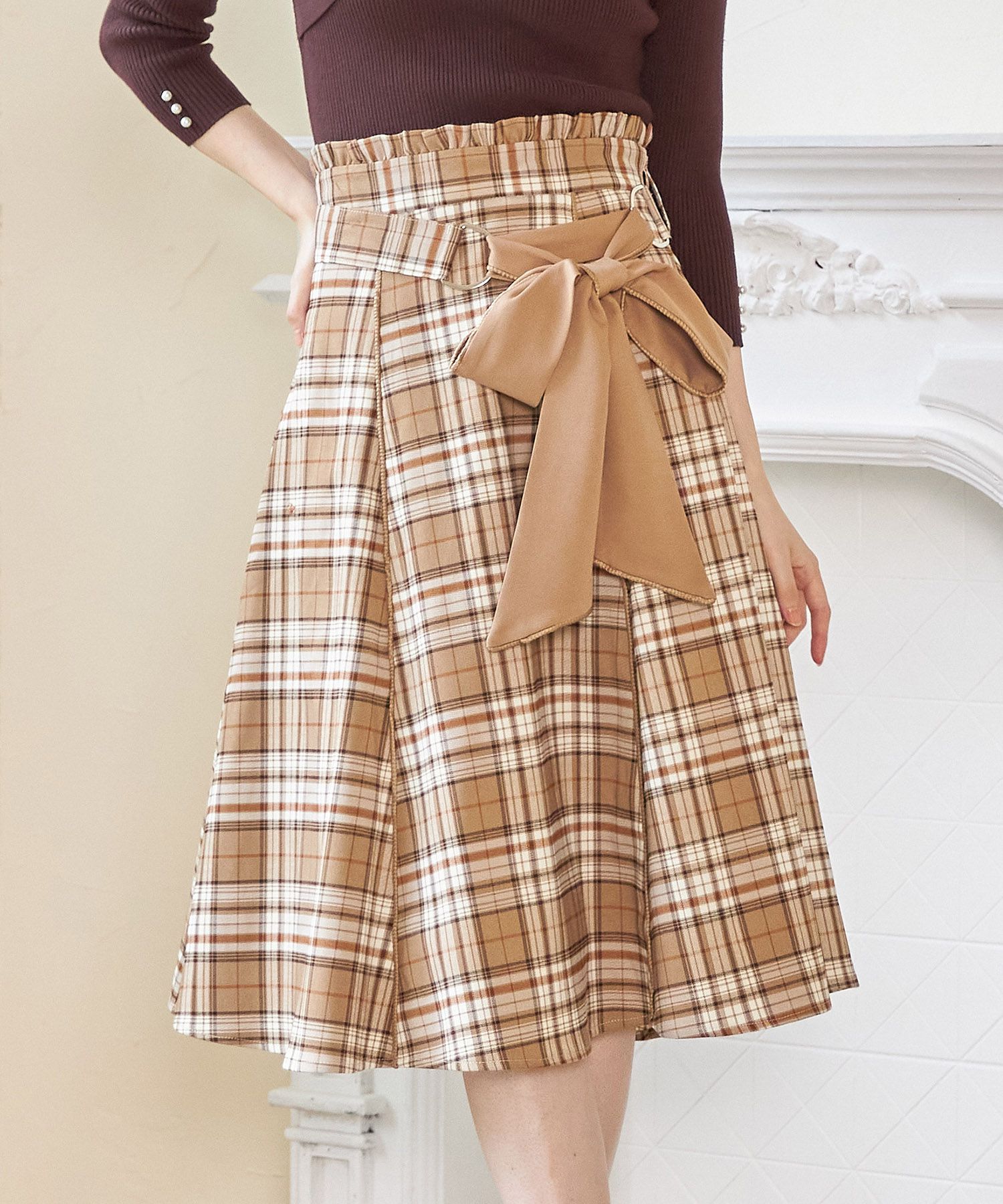 日本 tocco-closet - 蝴蝶紐結格紋修身長裙-簡約黑