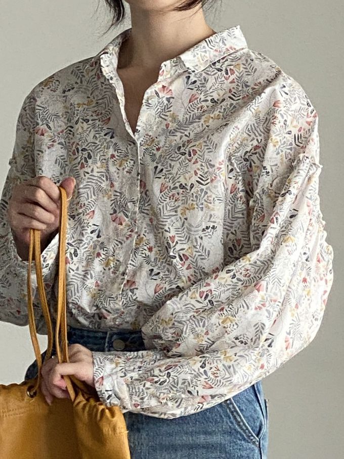 韓國女裝連線 - 花草圖樣翻領拼接長袖襯衫-象牙白 (FREE)