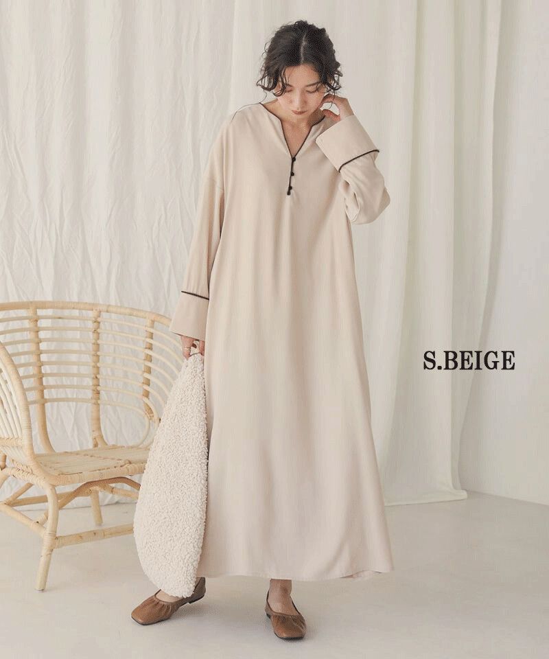 日本 Bou Jeloud - 小V領修身雪紡長袖洋裝-素面杏