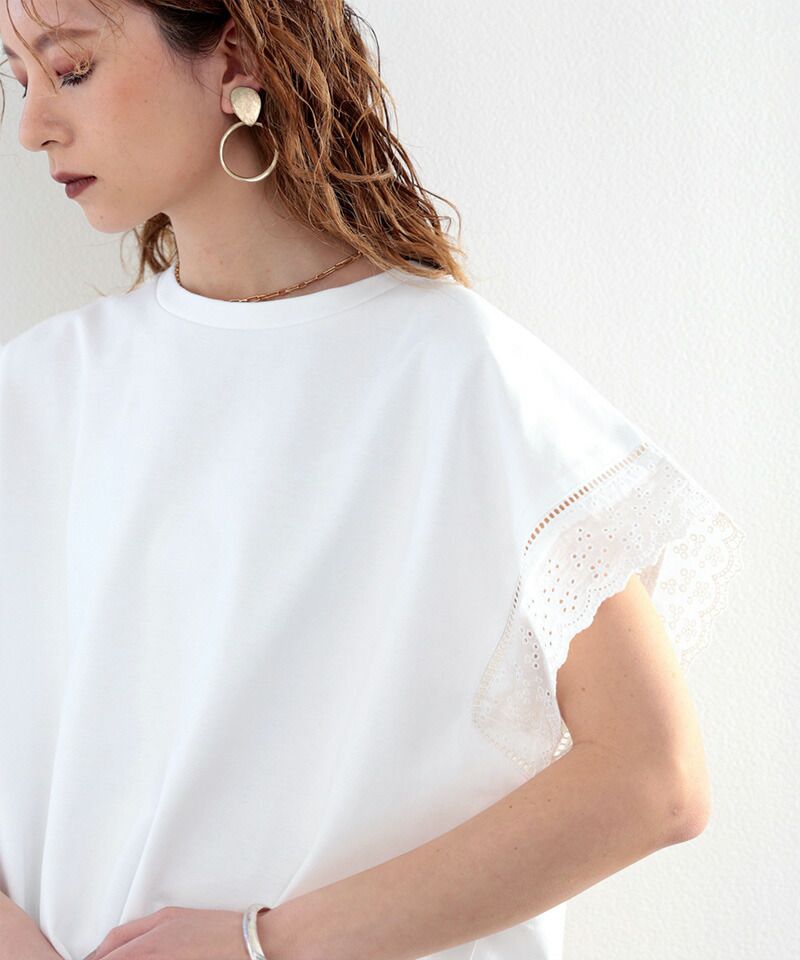 日本 Classical Elf - 100%棉 透氣蕾絲拼接短袖上衣-灰米