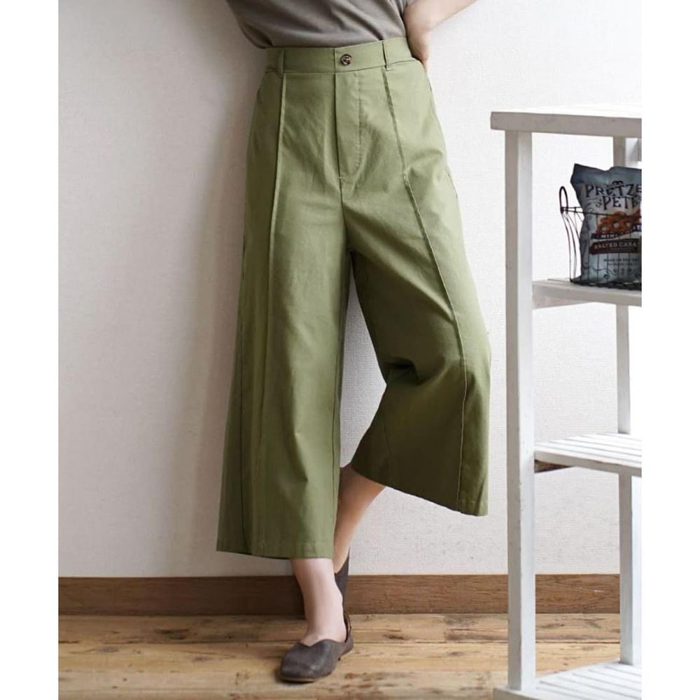 日本 zootie - 棉麻透氣修身打褶寬褲-卡其綠