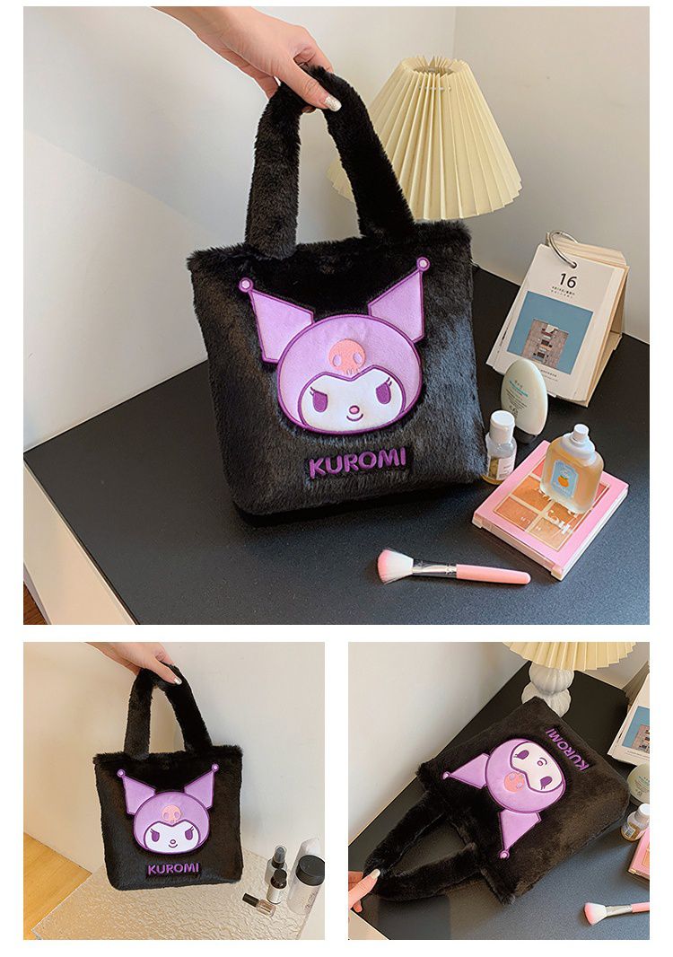 卡通毛茸茸大容量手提袋-卡通人物Hello Kitty-白色 (30x10x(27+17)cm)