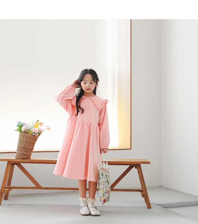 韓國 J KIDS - 優雅公主翻領連身長袖洋裝-蜜桃粉