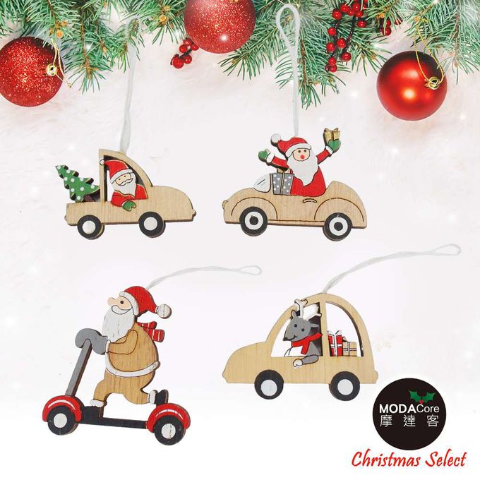 MODACore 摩達客 - 摩達客耶誕-Q版小汽車車木質彩繪(單面)吊飾-聖誕老公公+麋鹿混款16入(8入*2盒裝)