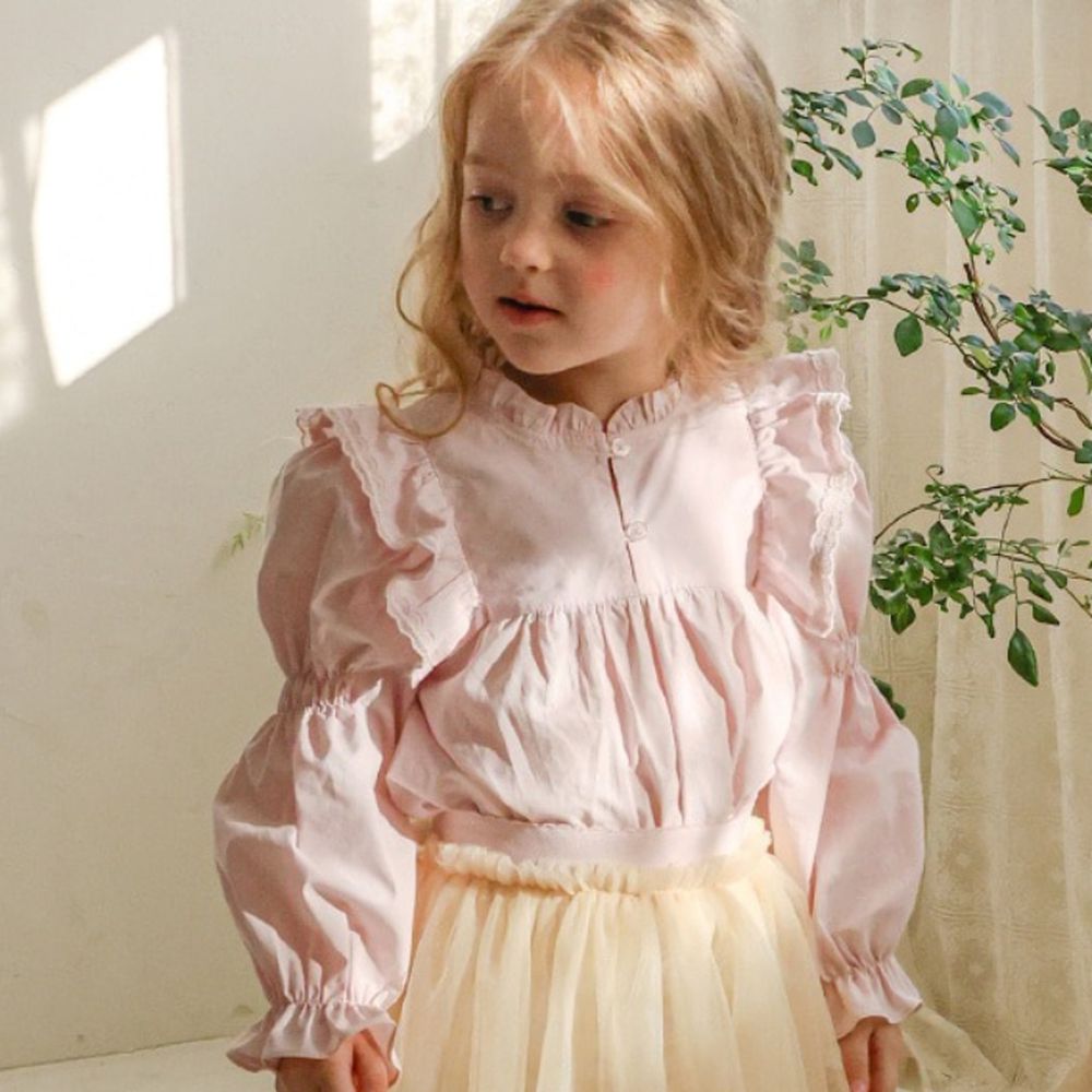 Puellaflo 高雅抓褶荷葉點綴公主泡泡袖襯衫-粉