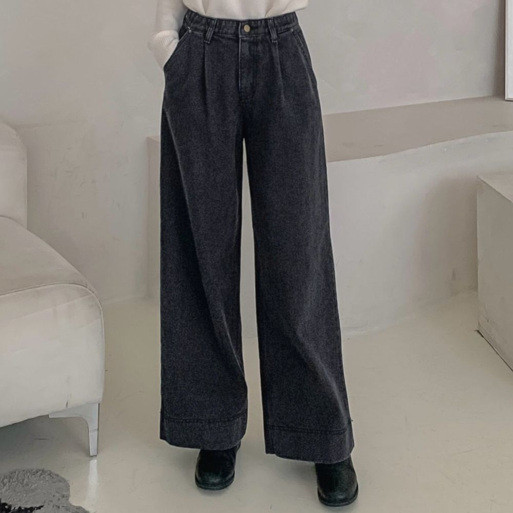 EDITION (內磨毛)彈性腰腰際小抓褶長腿寬褲-黑灰