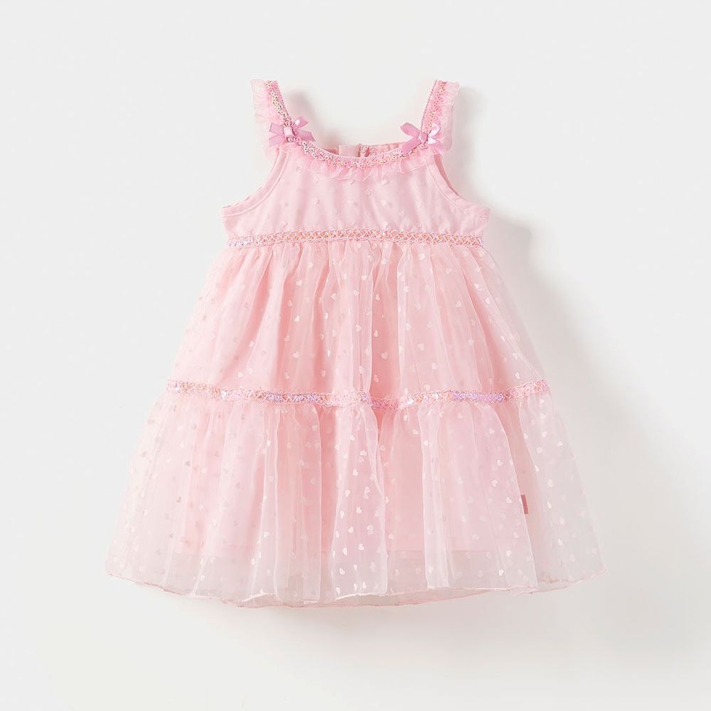 粉嫩愛心網紗亮片拼接細肩帶洋裝-粉