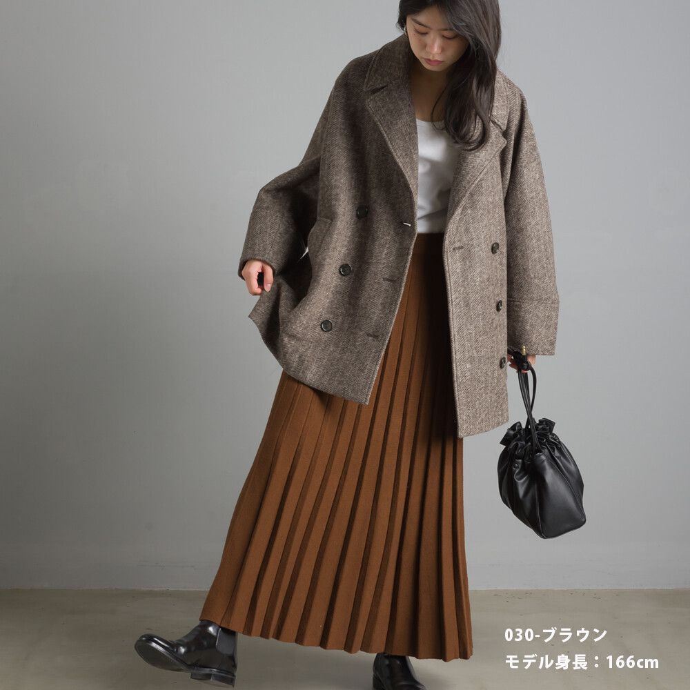 日本 OMNES - 立體針織寬百褶裙-深咖啡