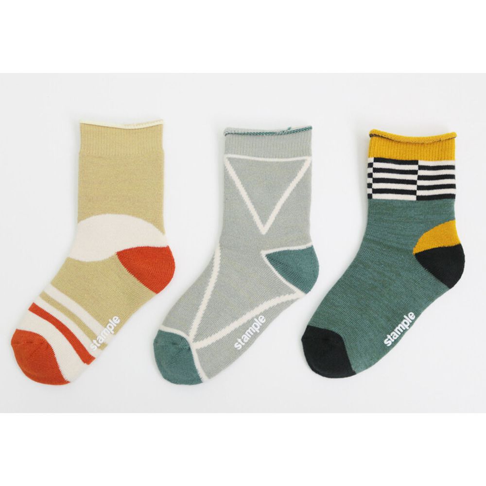 日本 stample - (兒童)中筒襪-超值三雙組-幾何撞色-杏x灰x綠