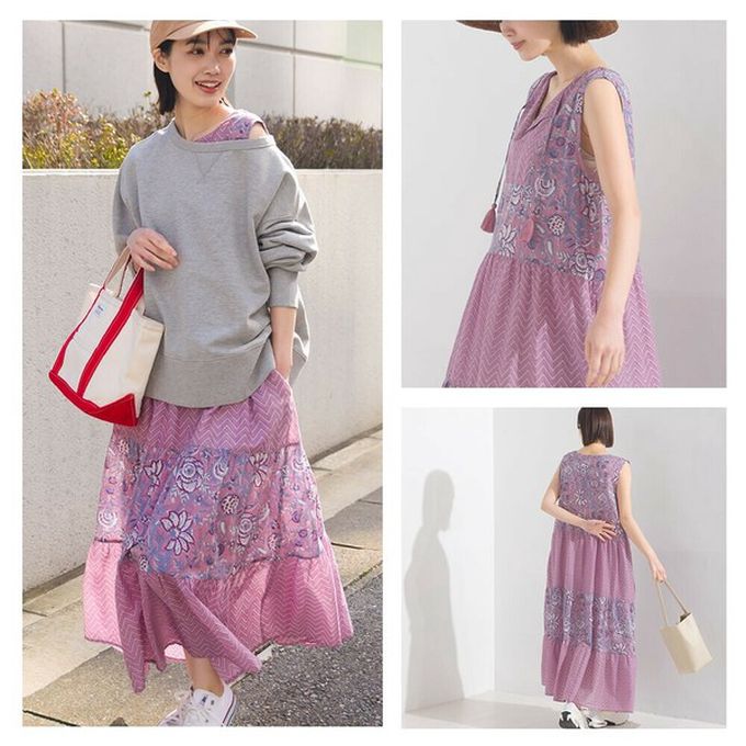 日本 OMNES - 100%印度棉 奢華印花流蘇無袖洋裝-深藍