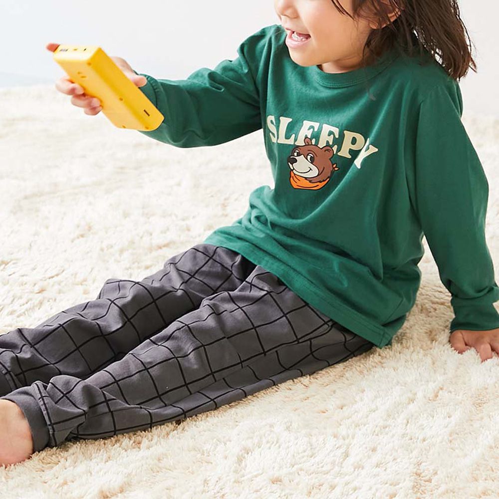 100%棉 高腰長袖家居服套裝-小熊格子-綠x深灰