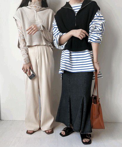 日本 Bou Jeloud - 拉鍊翻領針織背心-黑