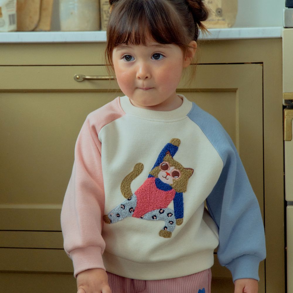 First Blue (內磨毛)毛絨動物拼色長袖大學T-伸展花豹-淡粉X淺藍