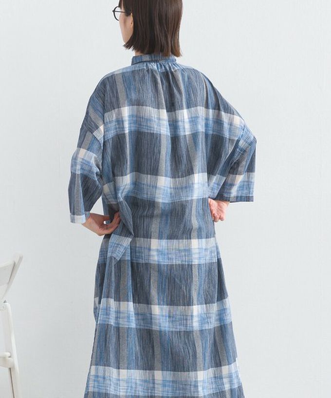 日本 Lupilien - 休閒率性格紋七分袖襯衫洋裝-藍系