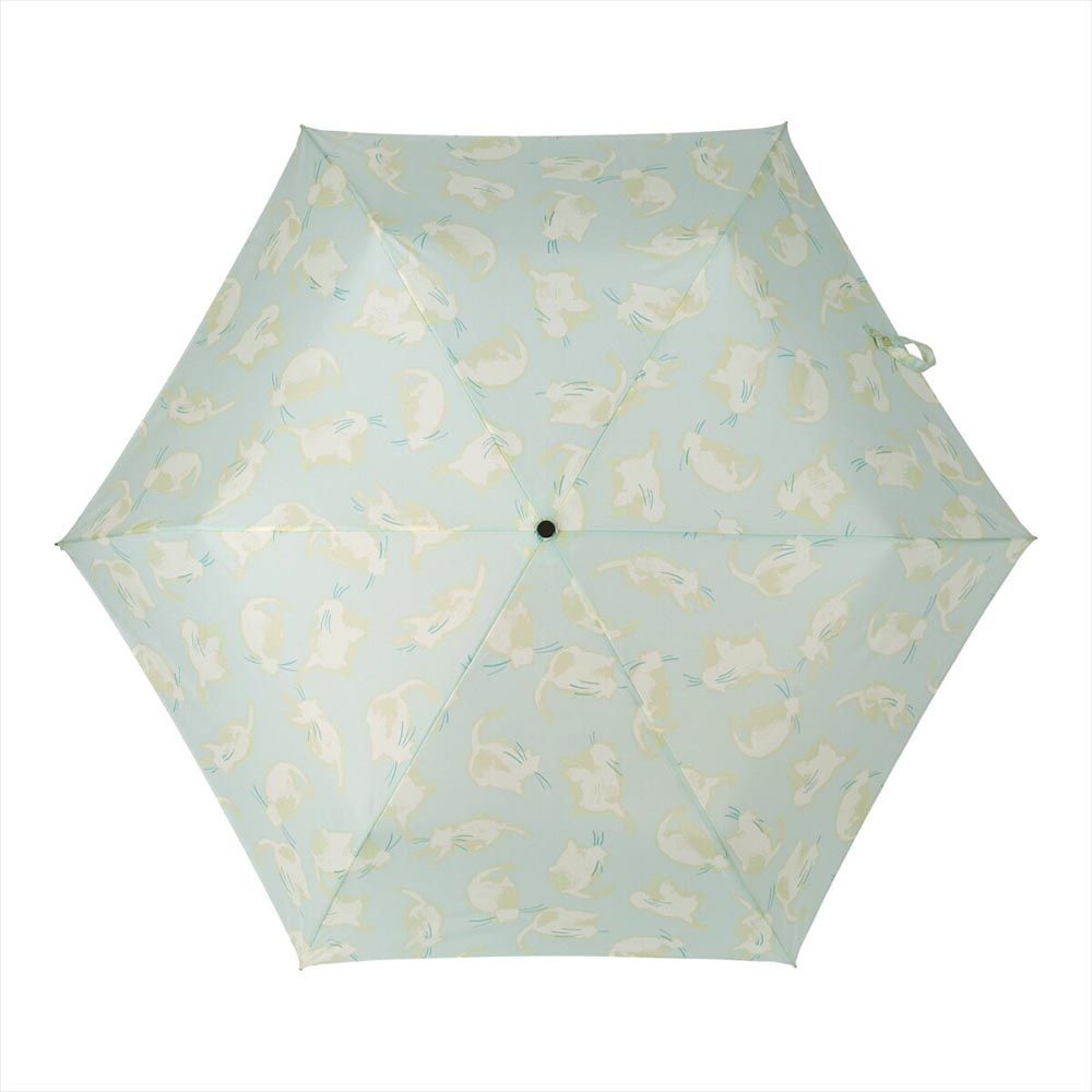 日本 nifty colors - 抗UV輕量 晴雨兩用折疊傘-迷你貓貓-薄荷綠 (直徑98cm/194g)