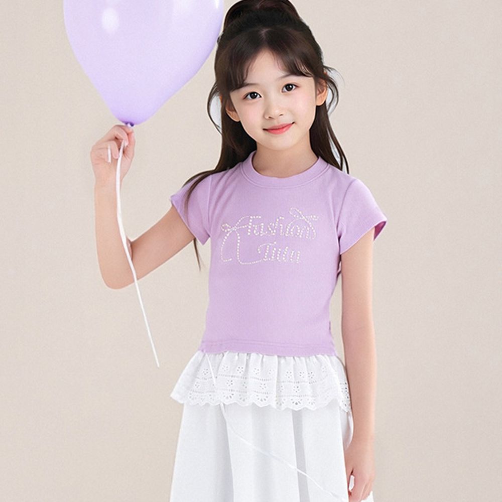 甜美貼鑽蕾絲拼接短袖上衣-粉紫