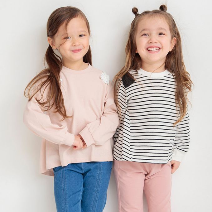 日本 BRANSHES - 可愛肩帶造型舒適長袖上衣-圓點蝴蝶結-米白